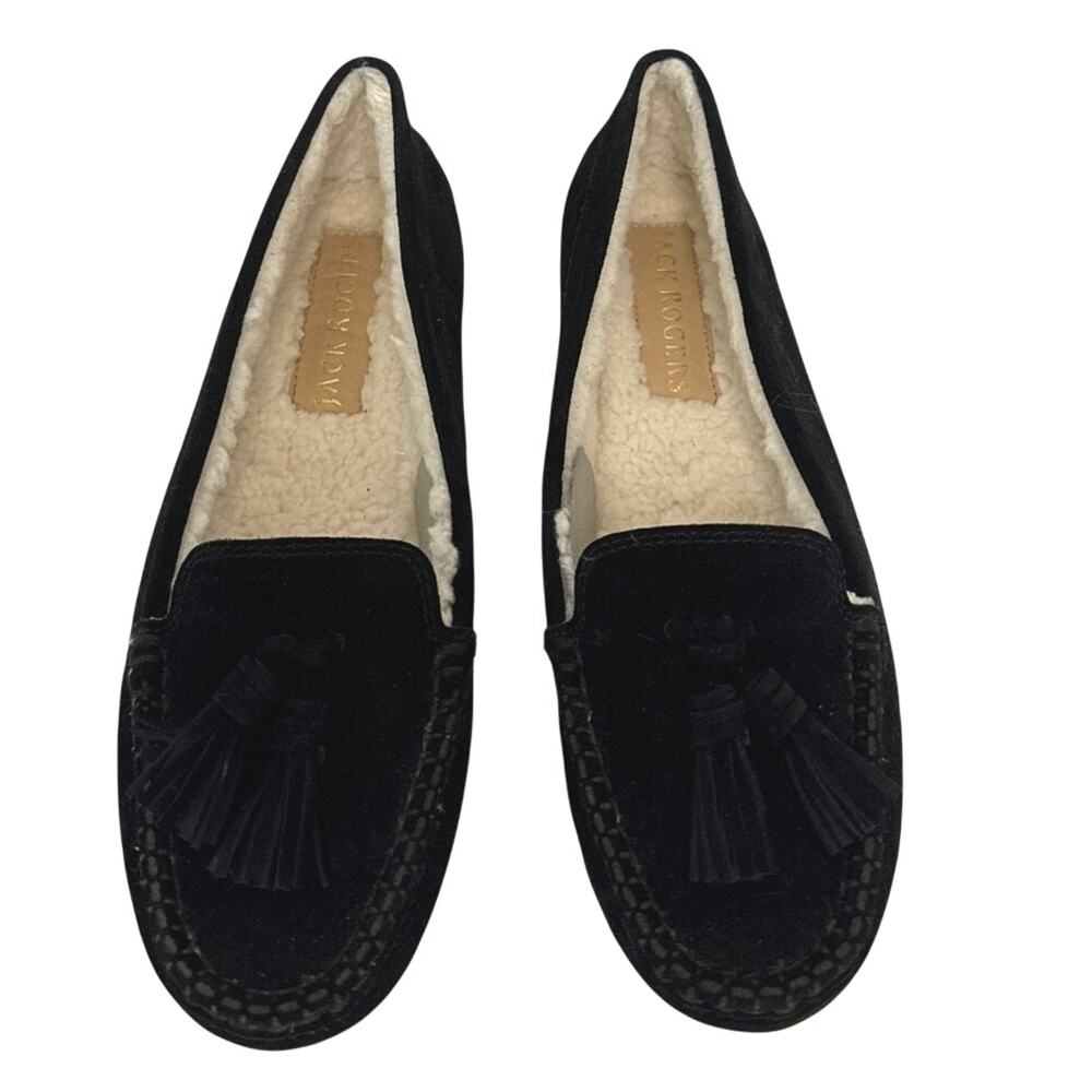 Jack Rogers Black Suede Shearling Tassels Moccasin Loafer Slippers 9B